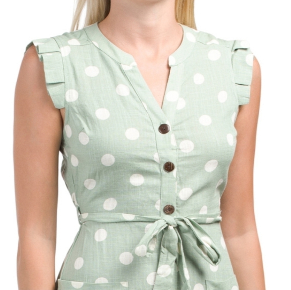 MONTEAU Tie waist Button Polka Dot Green Midi Dress - Picture 2 of 5